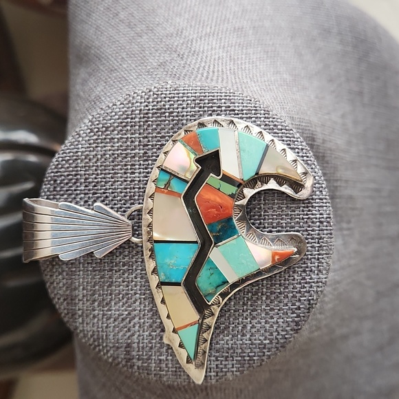 Vintage Native American Navajo Vintage Inlaid Bear Pendant by Danny Clark 💙🐻 - Picture 10 of 13